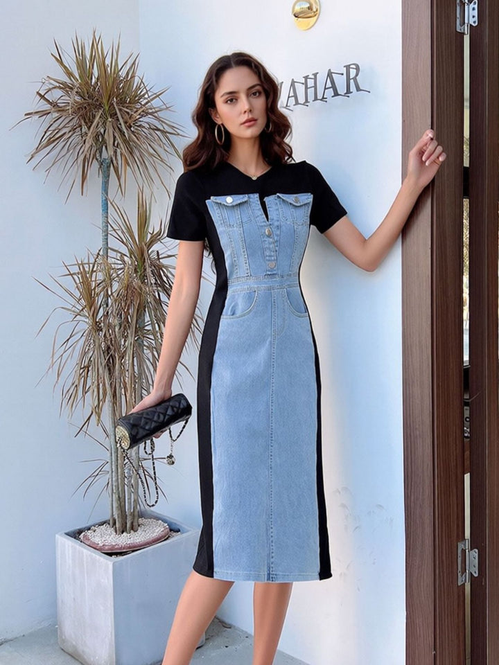 Full Size Denim Patchwork Short Sleeve Slit Back Dress Plus Size - cas7m