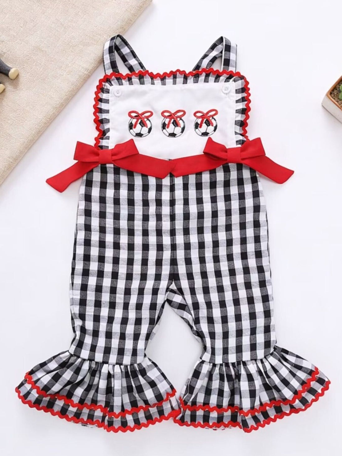 Children's Gingham Soccer Ball Embroidered Ruffle Hem Jumpsuit - cas7m