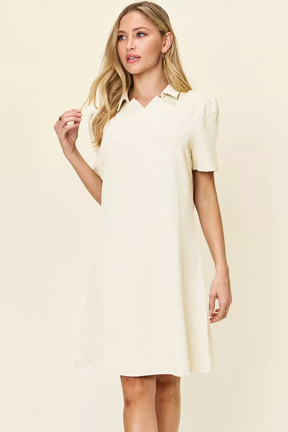 Double Take Full Size Texture Collared Neck Short Sleeve Dress - cas7m