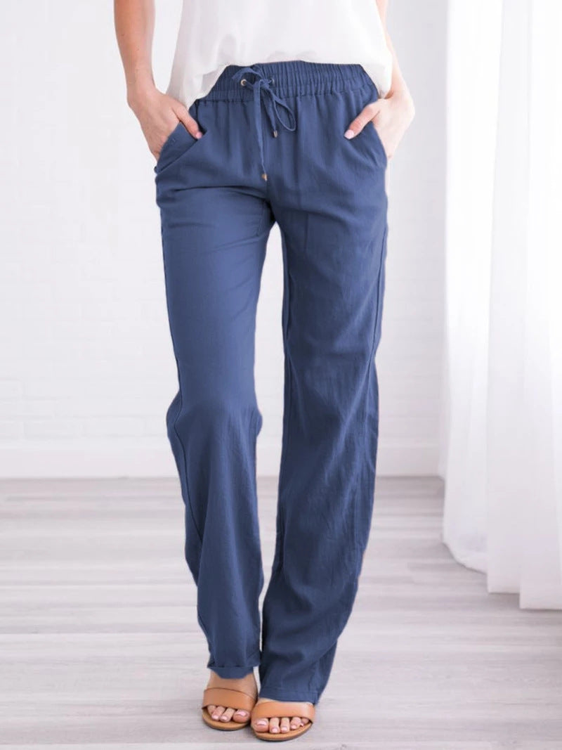 Cotton and Linen Drawstring Loose Casual Wide-Leg Trousers - cas7m