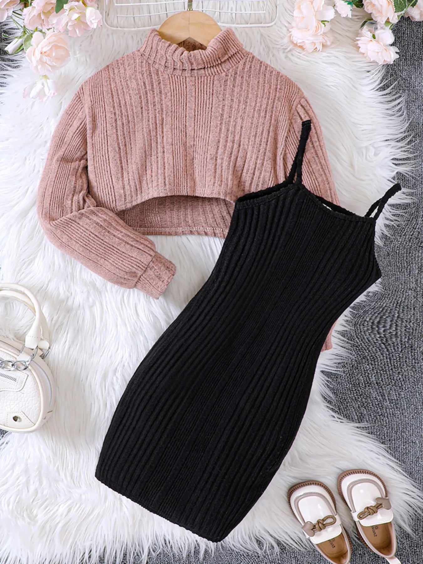 Children's Ribbed Knit Two-Tone Dress Set - cas7m