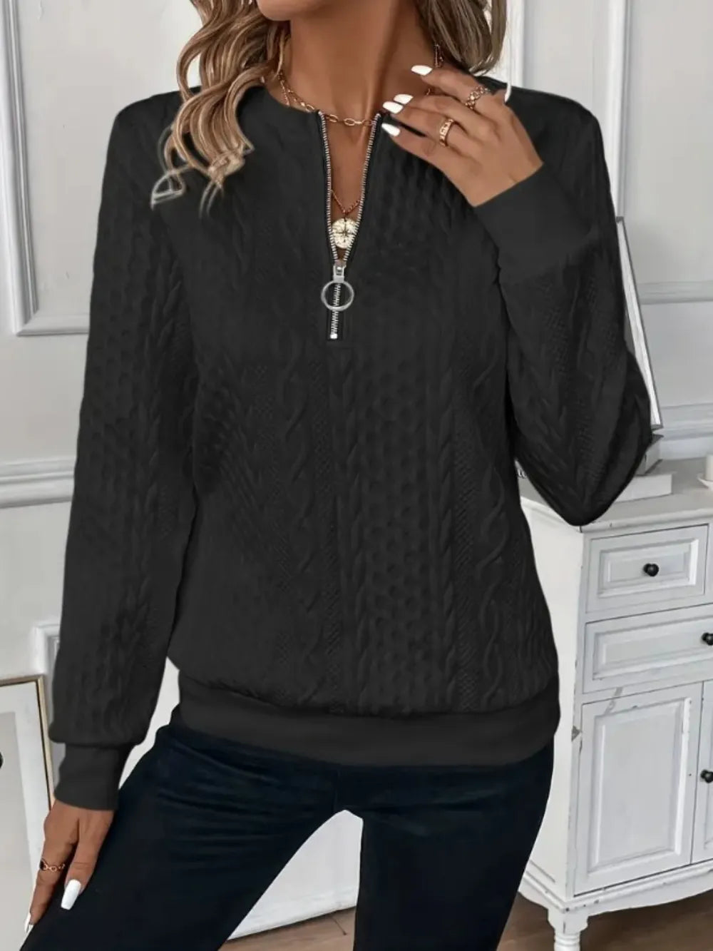 Texture Half Zip Long Sleeve Sweatshirt - cas7m