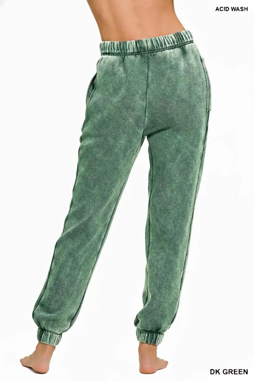 Zenana Acid Wash Fleece Sweatpants with Pockets - cas7m