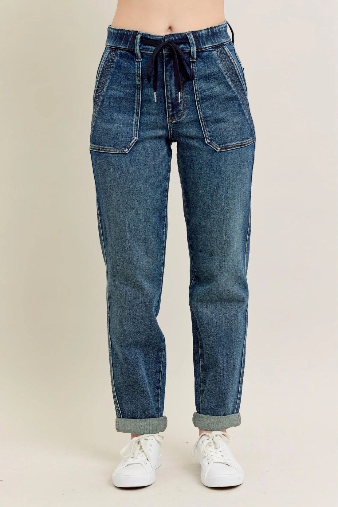 Judy Blue Full Size HW Vintage Wash Jeans w/ Drawstring Plus Size - cas7m