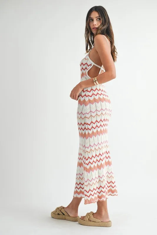 MABLE Lightweight Pointelle Chevron Knit Maxi Dress - cas7m
