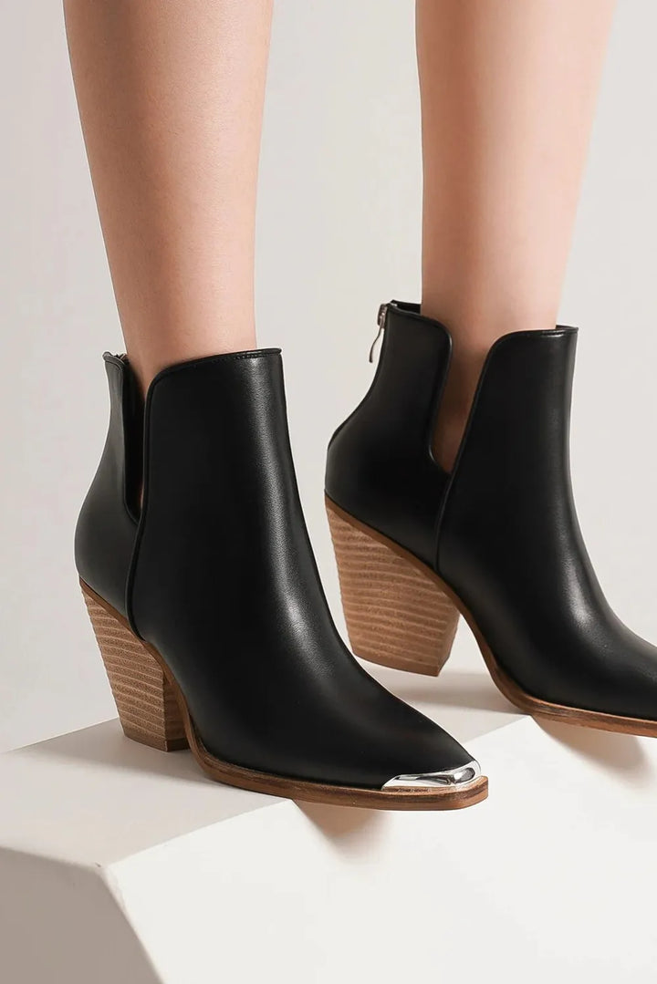 Beast Fashion Pointed Metal-Tip Toe Block Heel Ankle Boots - cas7m