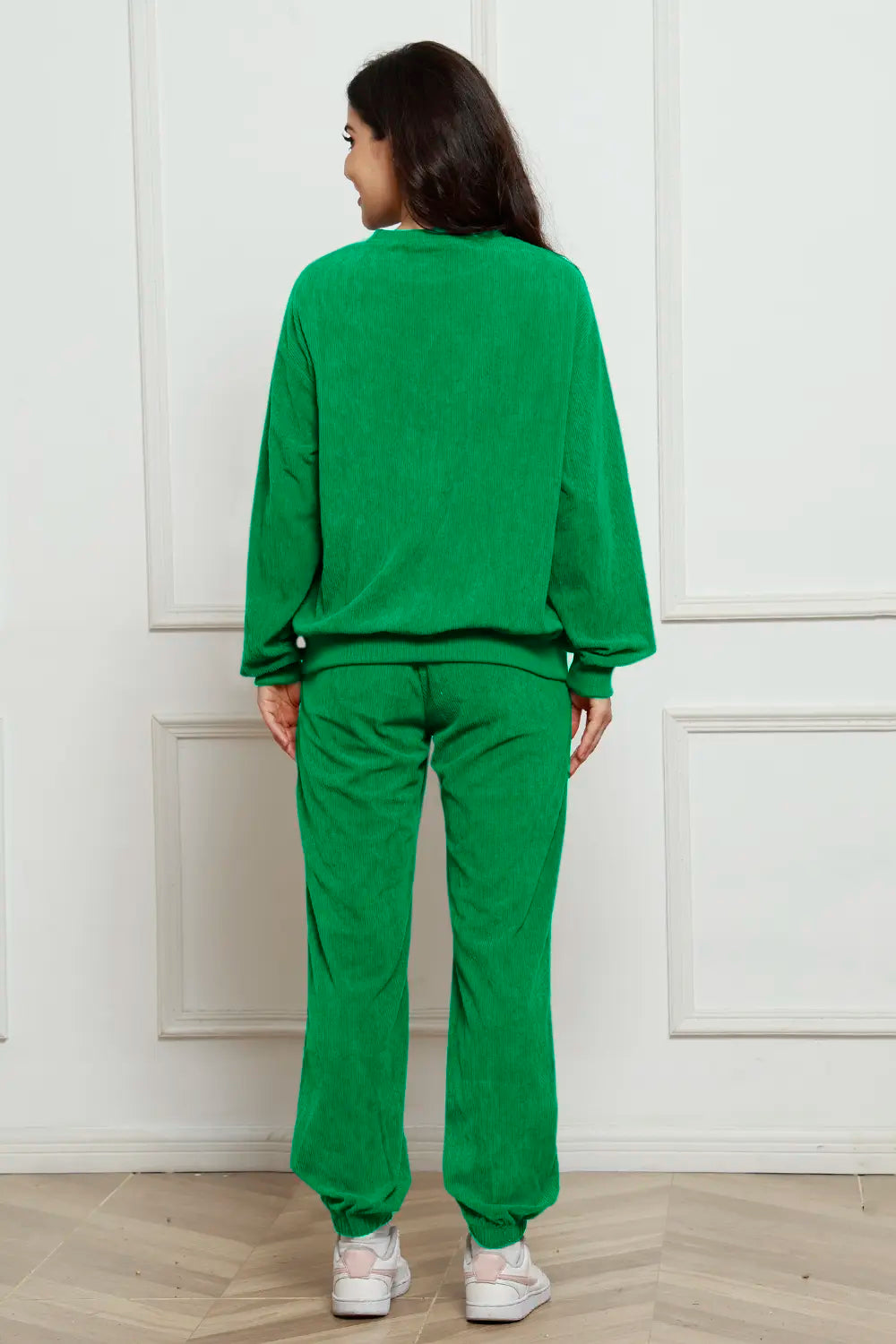 Corduroy Round Neck Sweatshirt and Sweatpants Set - cas7m