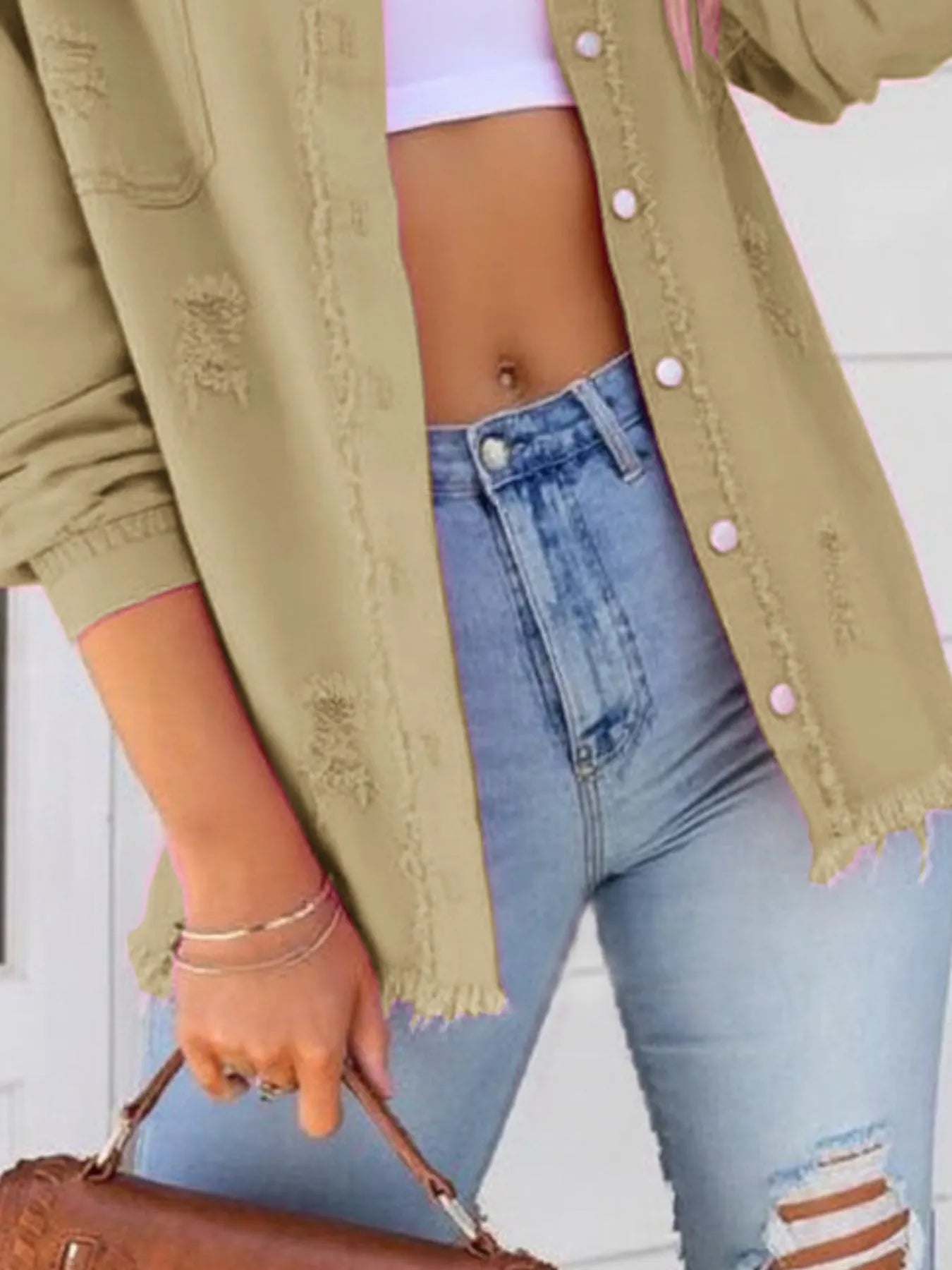 Distressed Denim Jacket with Frayed Edges - cas7m