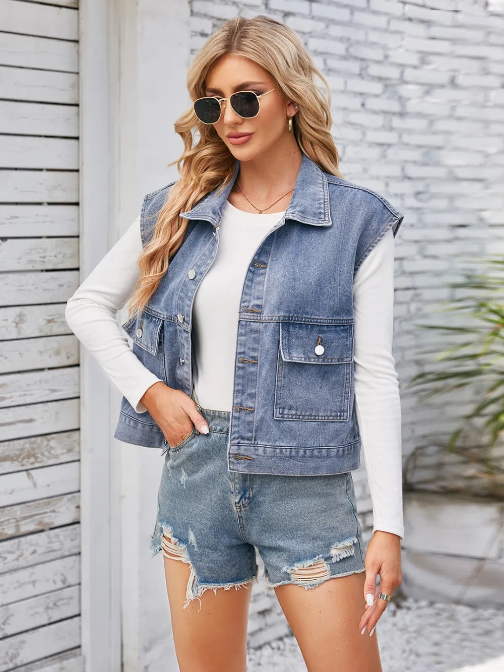 Cap Sleeve Denim Jacket with Pockets - cas7m