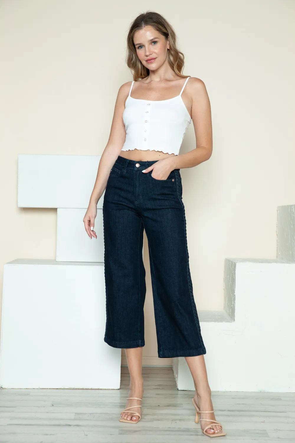Judy Blue Full Size Side Seam Braid Detail Crop Wide Leg Jeans - cas7m