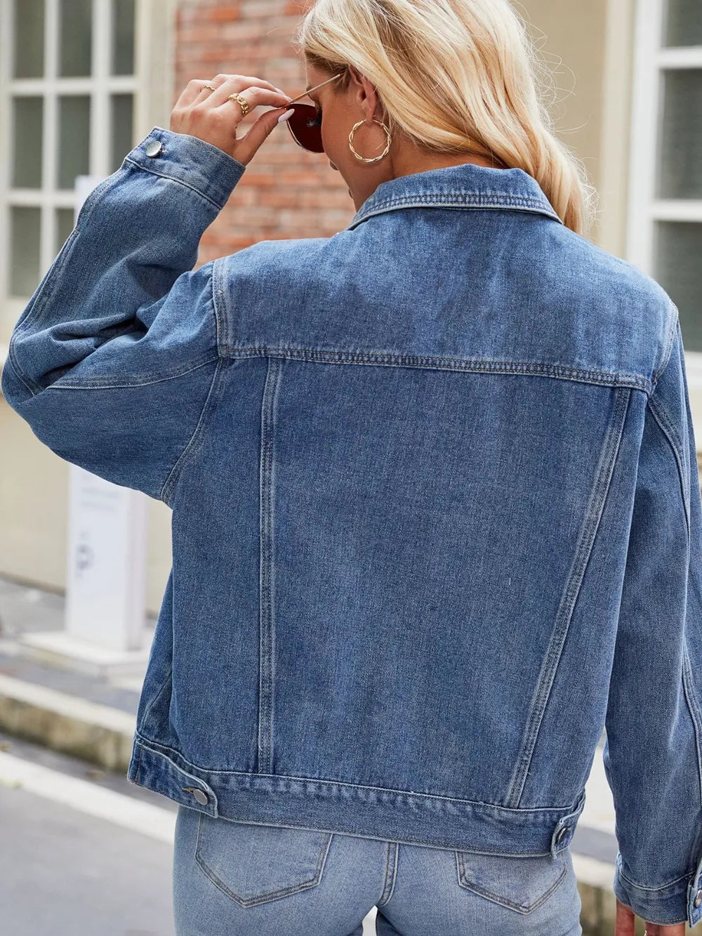 Pocketed Collared Neck Denim Jacket - cas7m