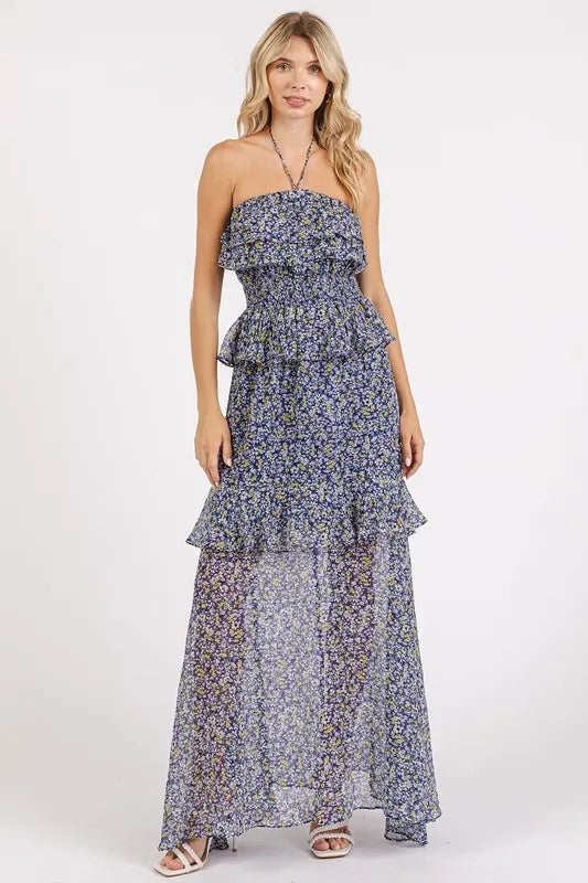 Mittoshop Ruffled Smocked Floral Halter Neck Maxi Dress - cas7m