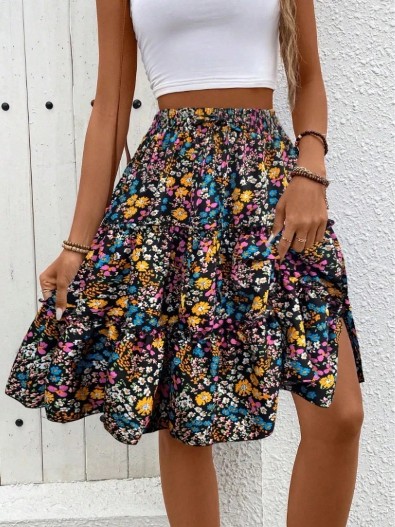 Floral Print Midi Skirt - cas7m