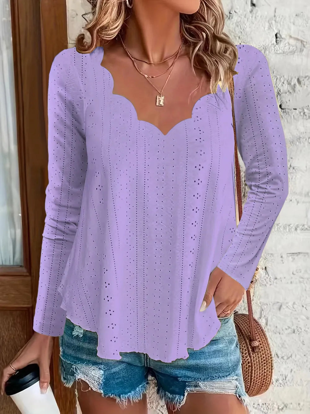 Eyelet Long Sleeve Blouse - cas7m