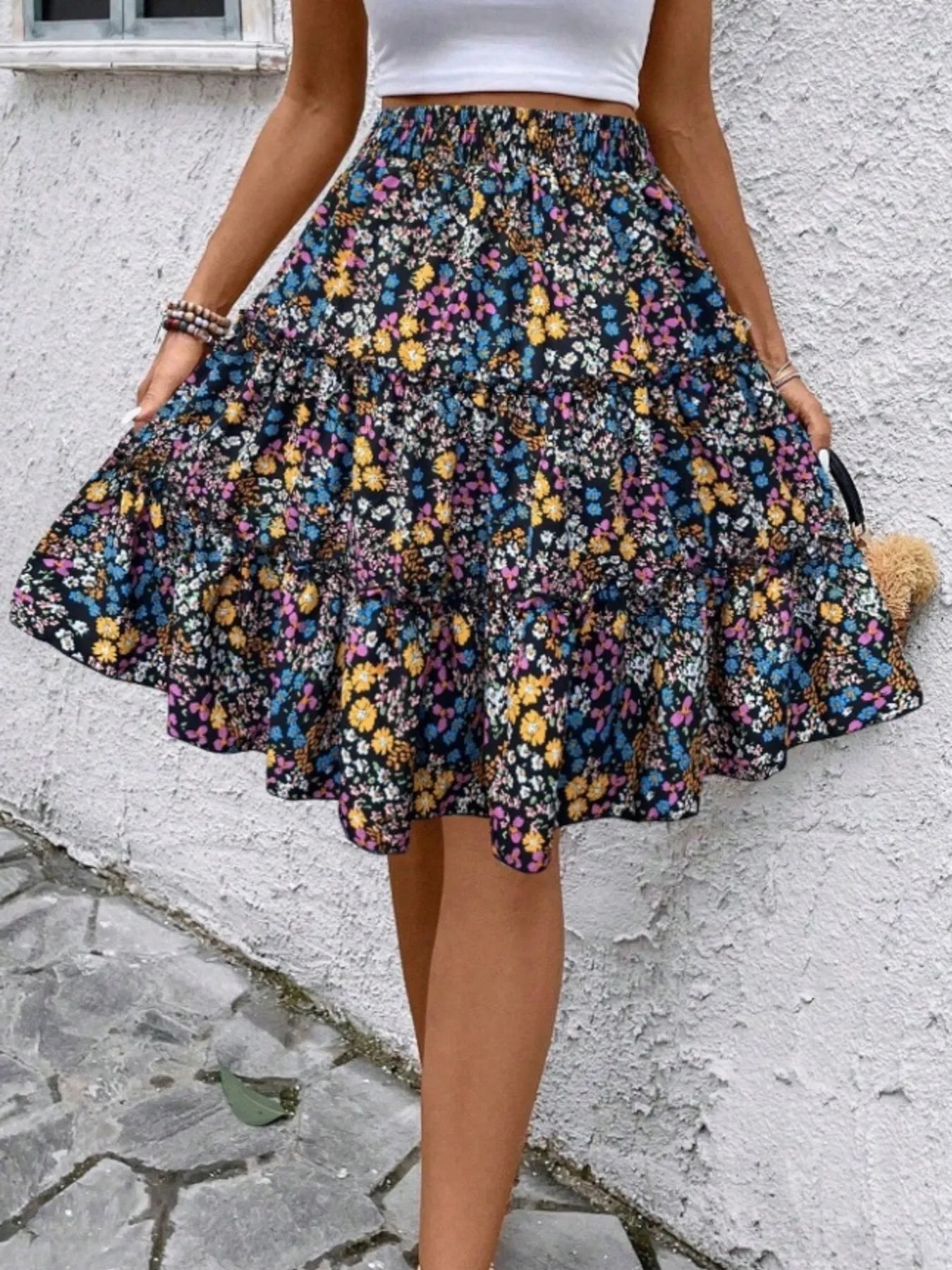 Floral Print Midi Skirt - cas7m