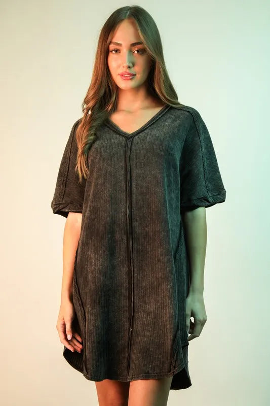 VERY J Mineral Washed Ribbed Knit Mini Dress - cas7m