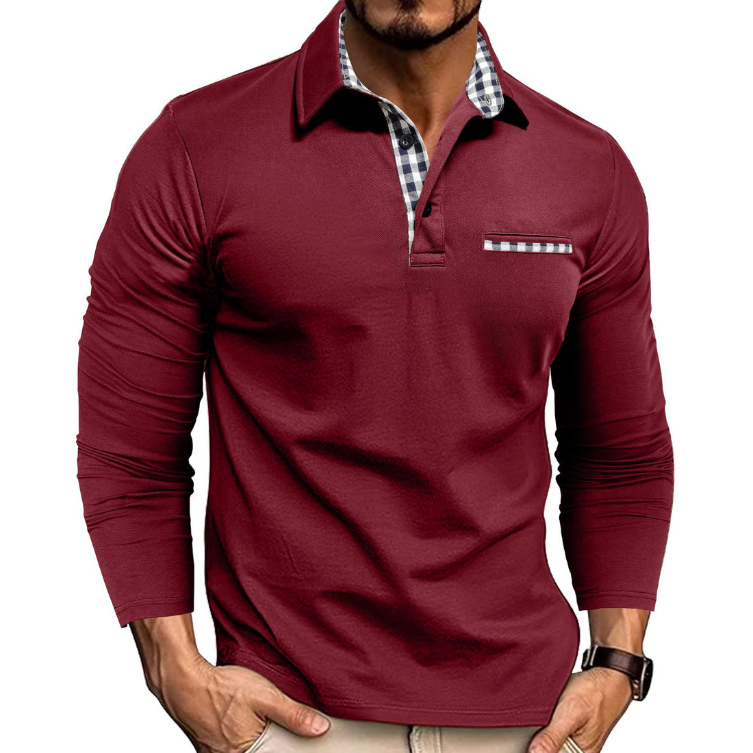Casual Plaid Splicing Lapel Polo Shirt Fashion Solid Color Long Sleeve Top Men's Clothing - cas7m