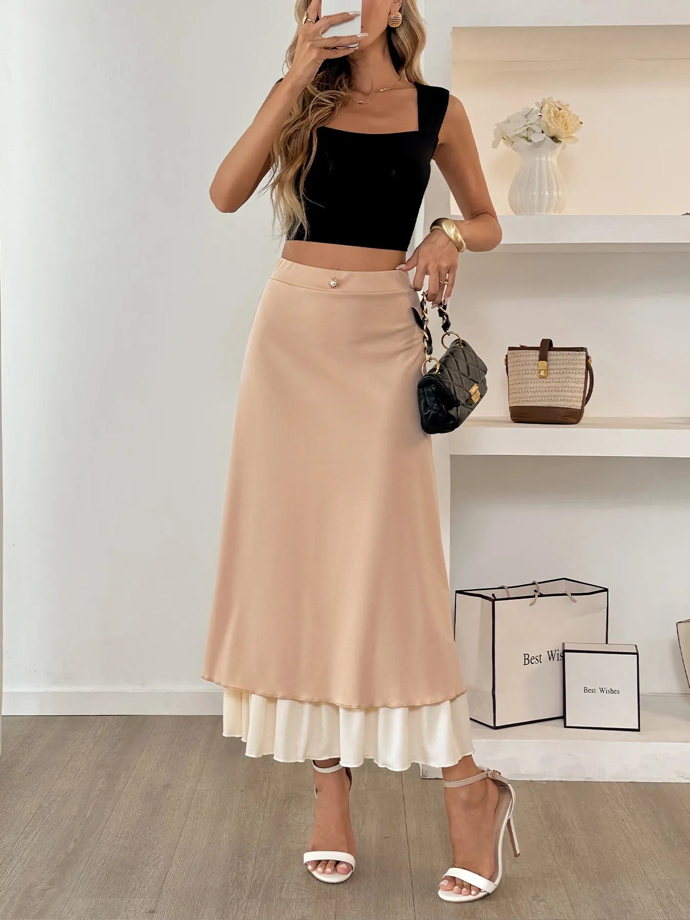 Layered Midi Skirt with Contrast Hem Detail - cas7m