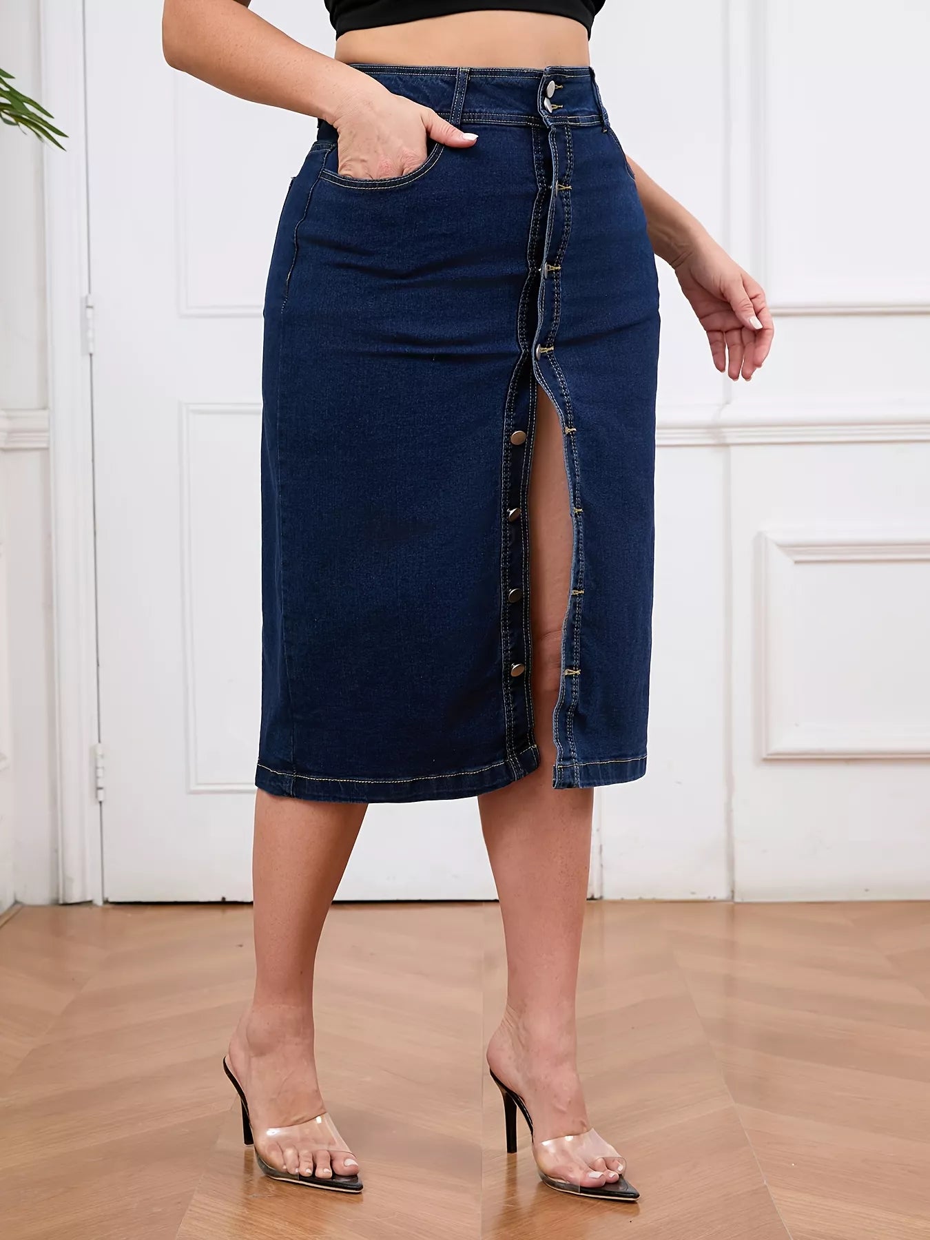 Plus Size Button-Front High Waist Denim Skirt - cas7m