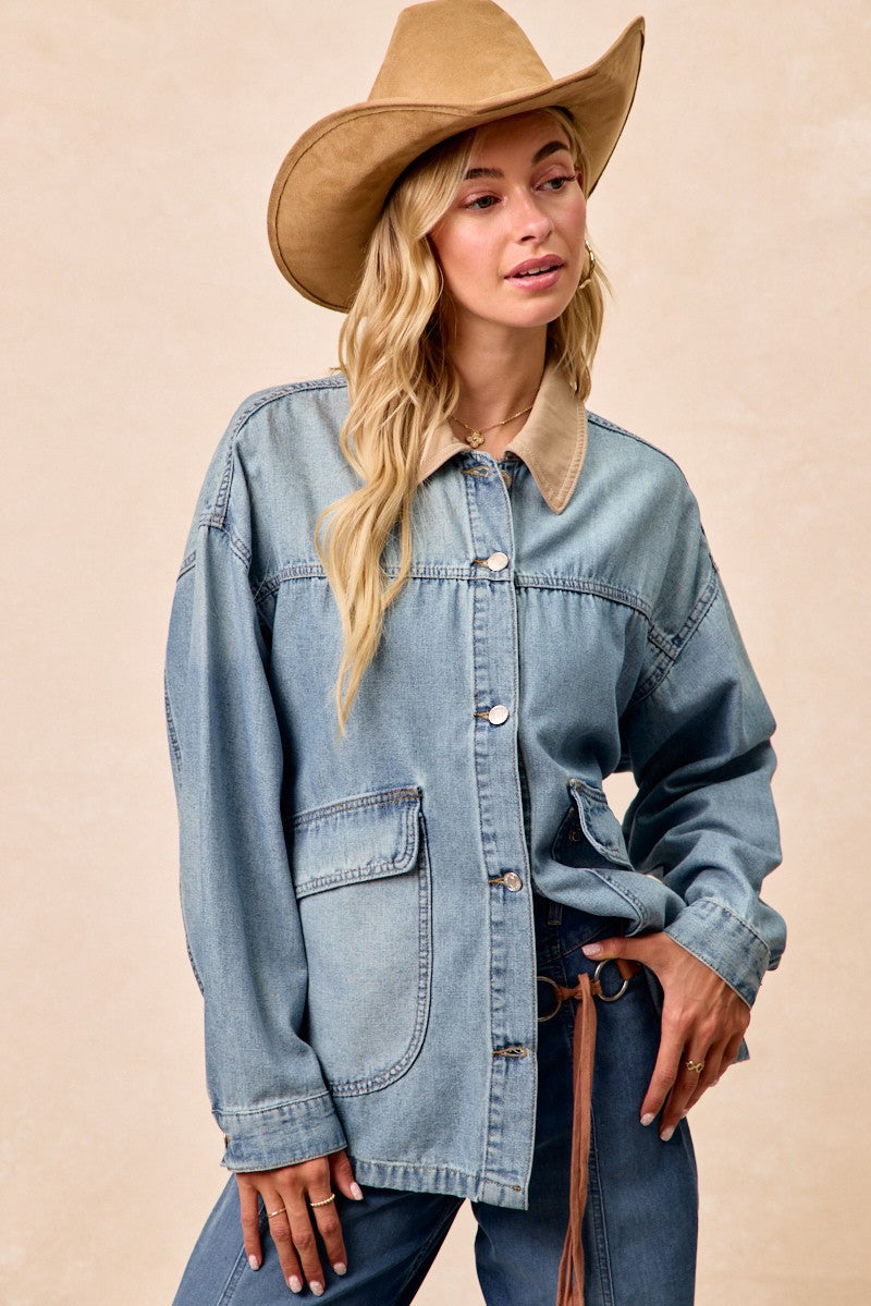 BiBi Washed Denim Jacket with Contrast Collar Detail - cas7m