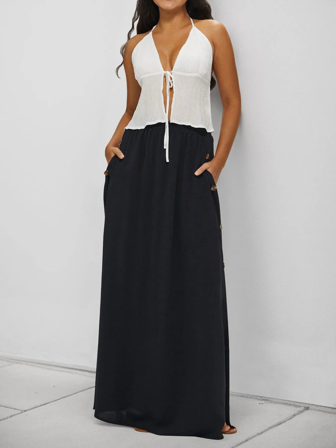 High Waist Maxi Skirt with Pockets - cas7m
