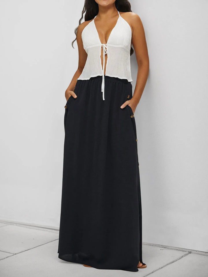 High Waist Maxi Skirt with Pockets - cas7m
