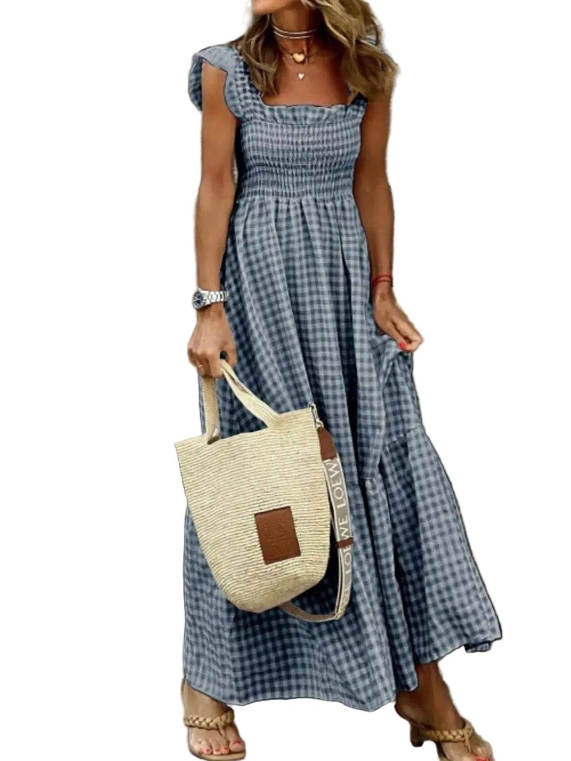 Full Size Gingham Smocked Ruffle Maxi Dress Plus Size - cas7m