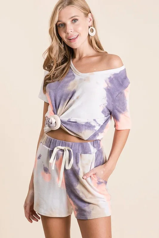 BiBi Tie Dye Terry Shorts with Drawstring - cas7m