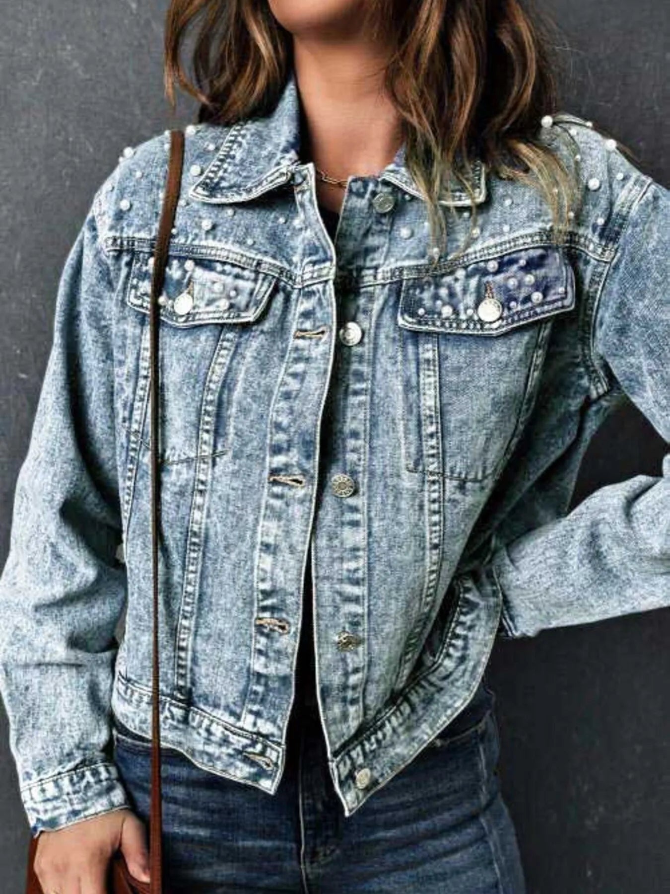 Full Size Pearl Detail Button Up Long Sleeve Denim Jacket Plus Size - cas7m