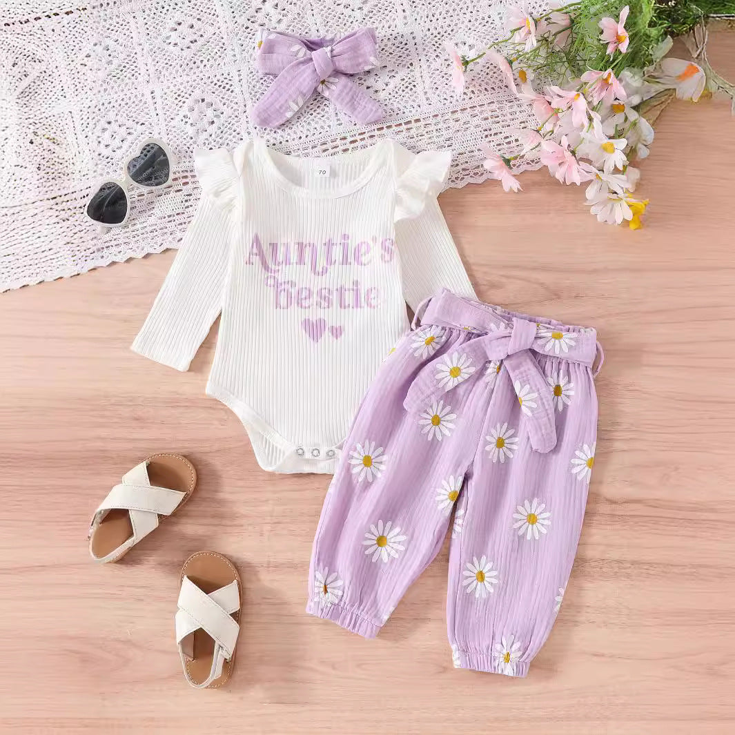 Ruffled Long-sleeve Bodysuit Paired With Matching Pants And A Bow Hair Accessory - cas7m
