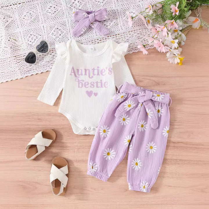 Ruffled Long-sleeve Bodysuit Paired With Matching Pants And A Bow Hair Accessory - cas7m