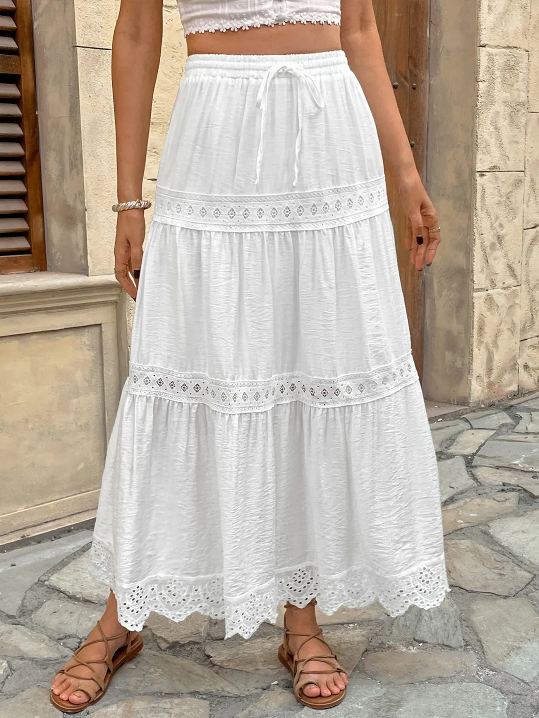 Lace Detail Elastic Waist Skirt - cas7m