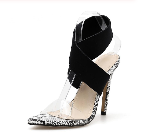 Black Snake Print Pointed Toe High Heels Sandals