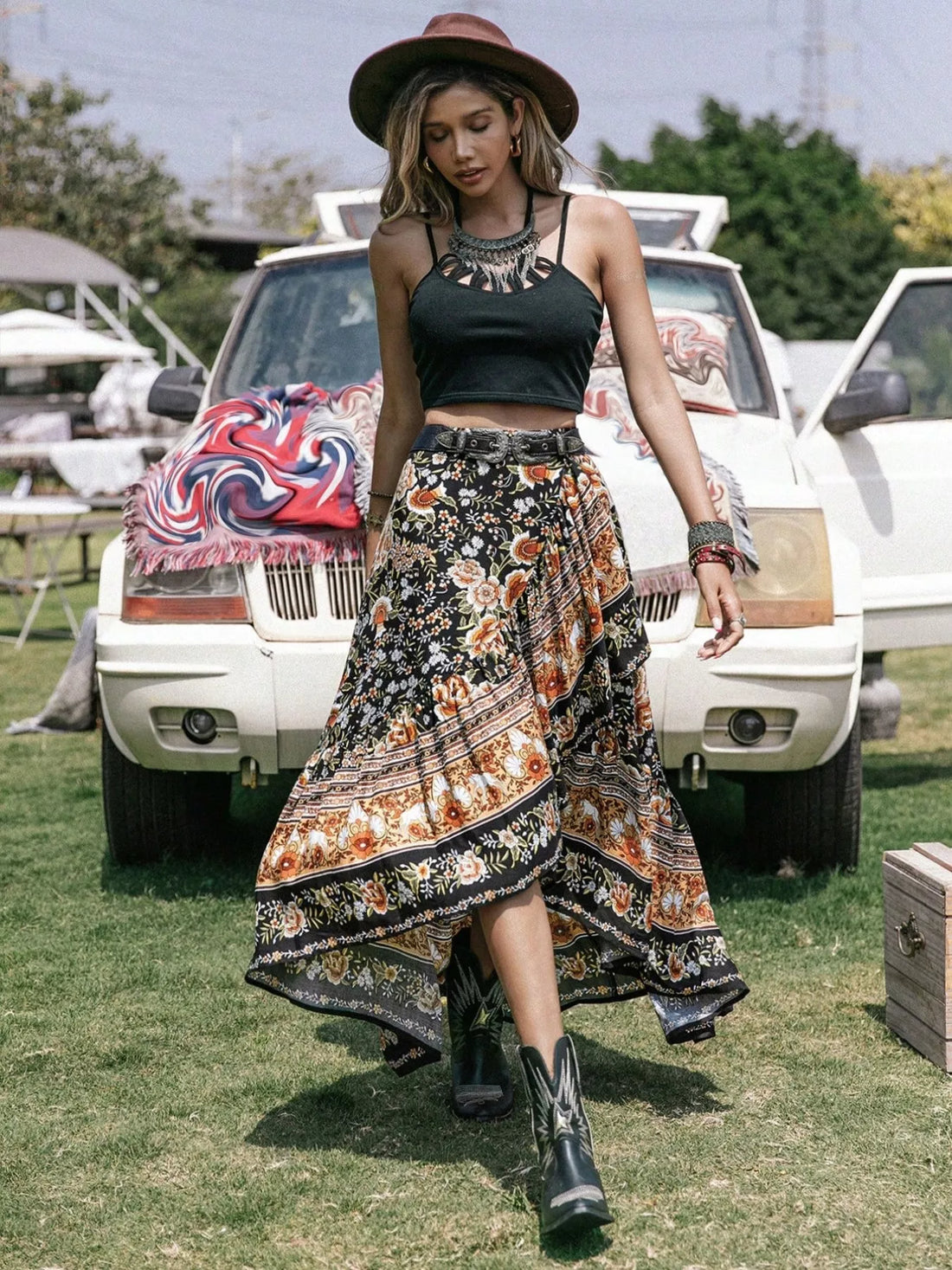 Plus Size Boho Floral Print High-Low Skirt - cas7m