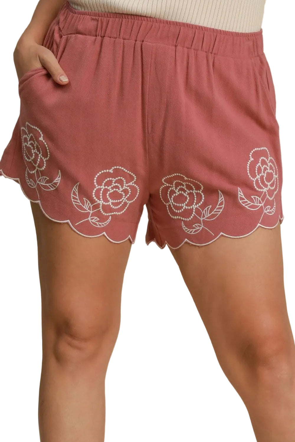 Umgee Full Size Linen Blend Shorts with Floral Embroidered Details - cas7m