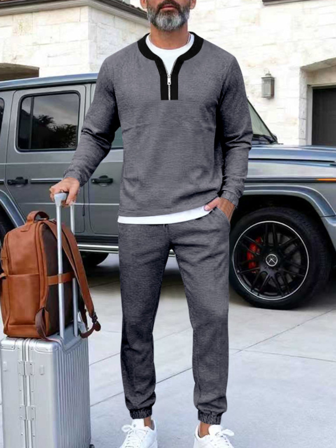 Men's Plus Size Casual Zipper Neck Long Sleeve Top and Pants Set - cas7m