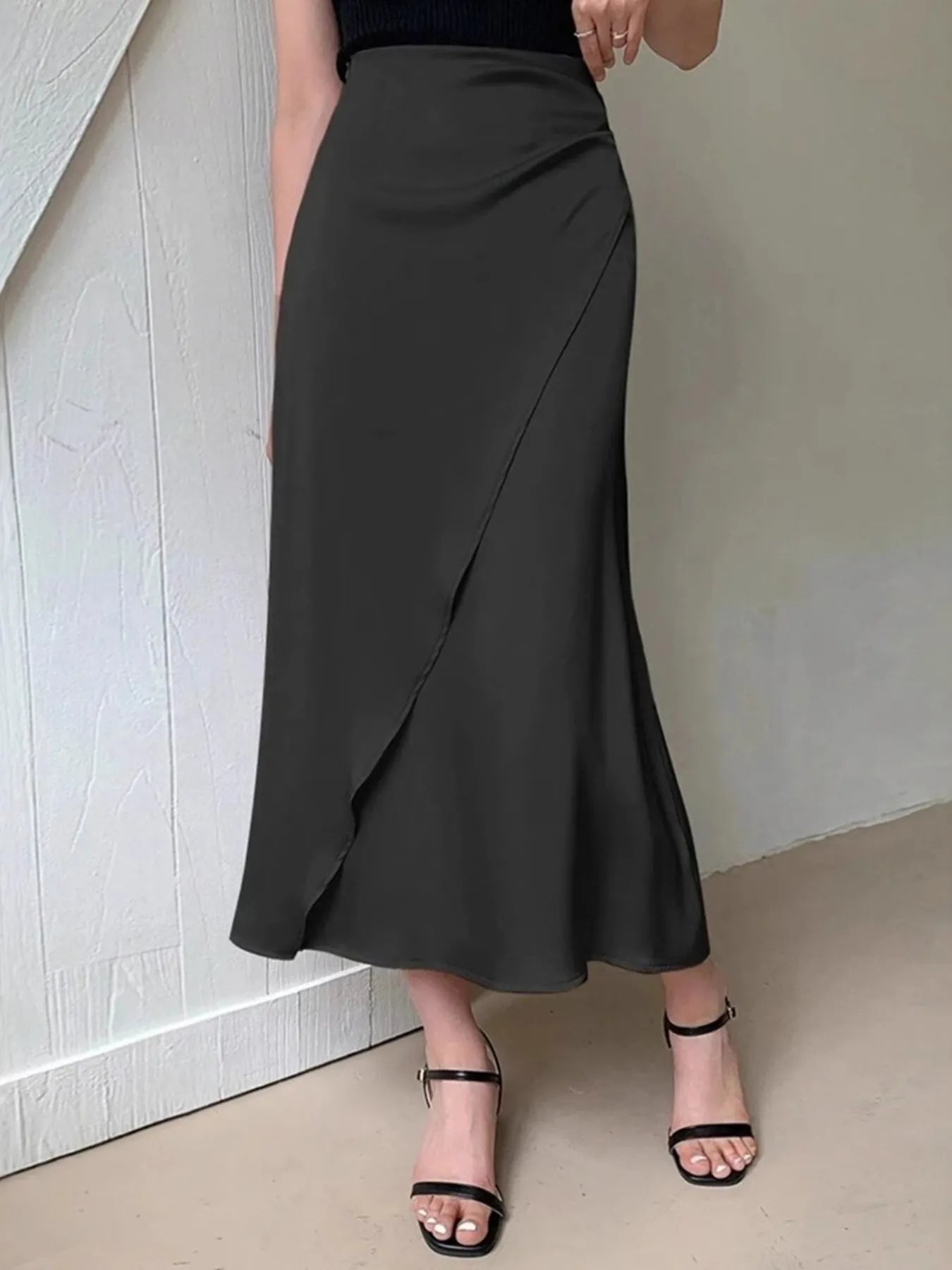 Asymmetric Wrap Midi Skirt with Fluted Hem - cas7m