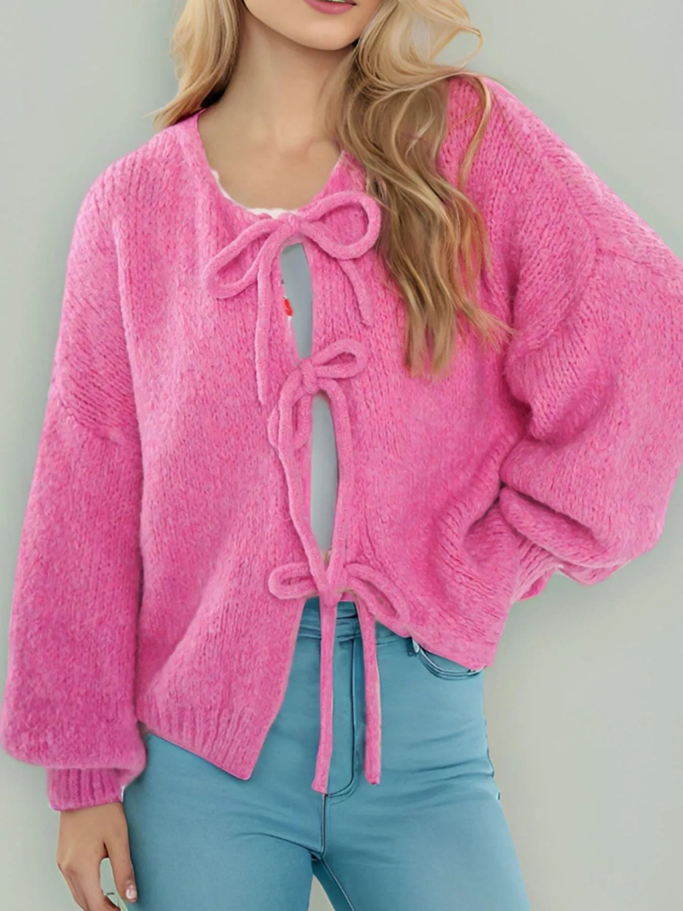 Cozy Bow-Tie Front Knit Cardigan - cas7m