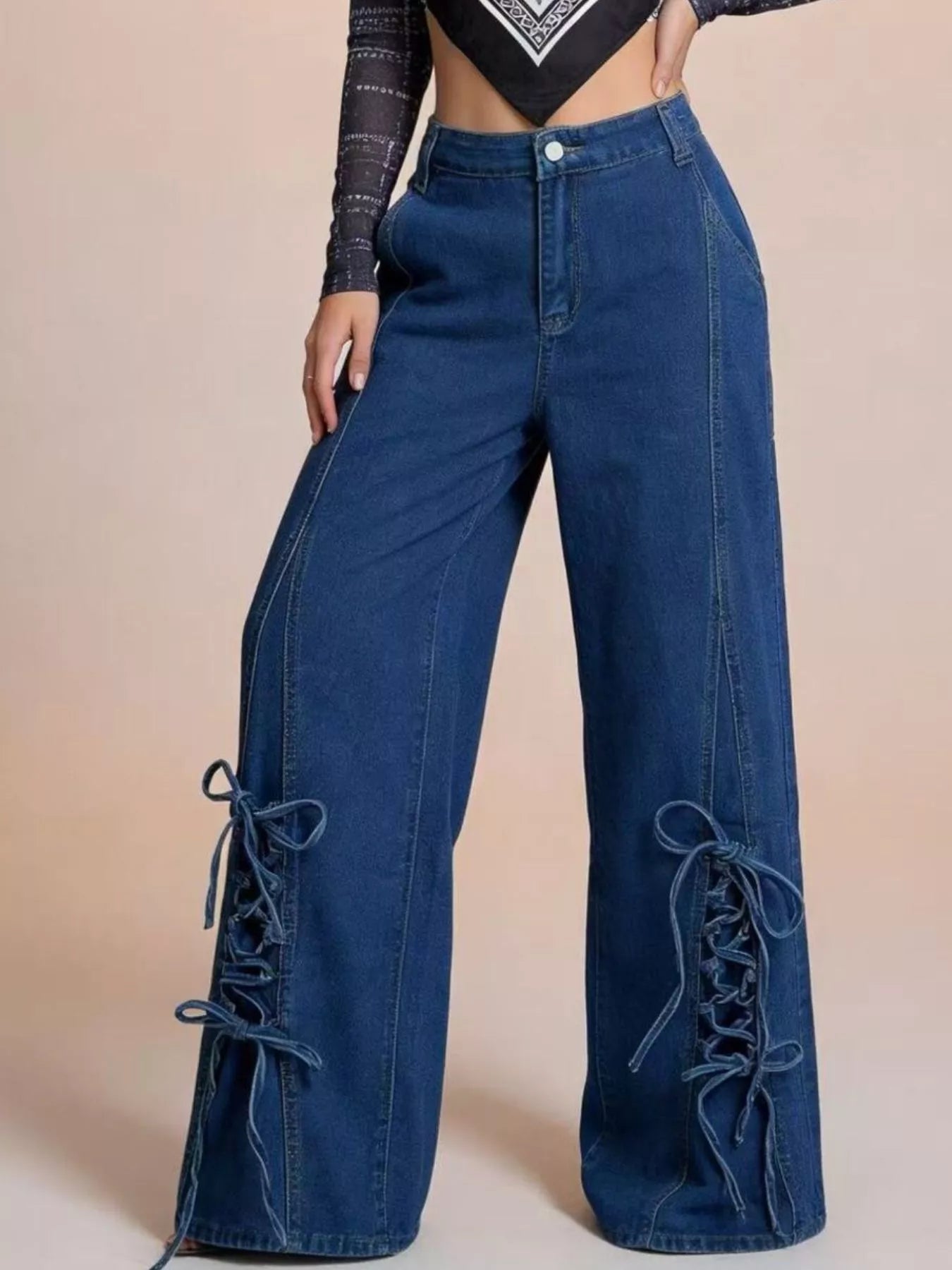 Lace-Up Wide Leg Jeans - cas7m