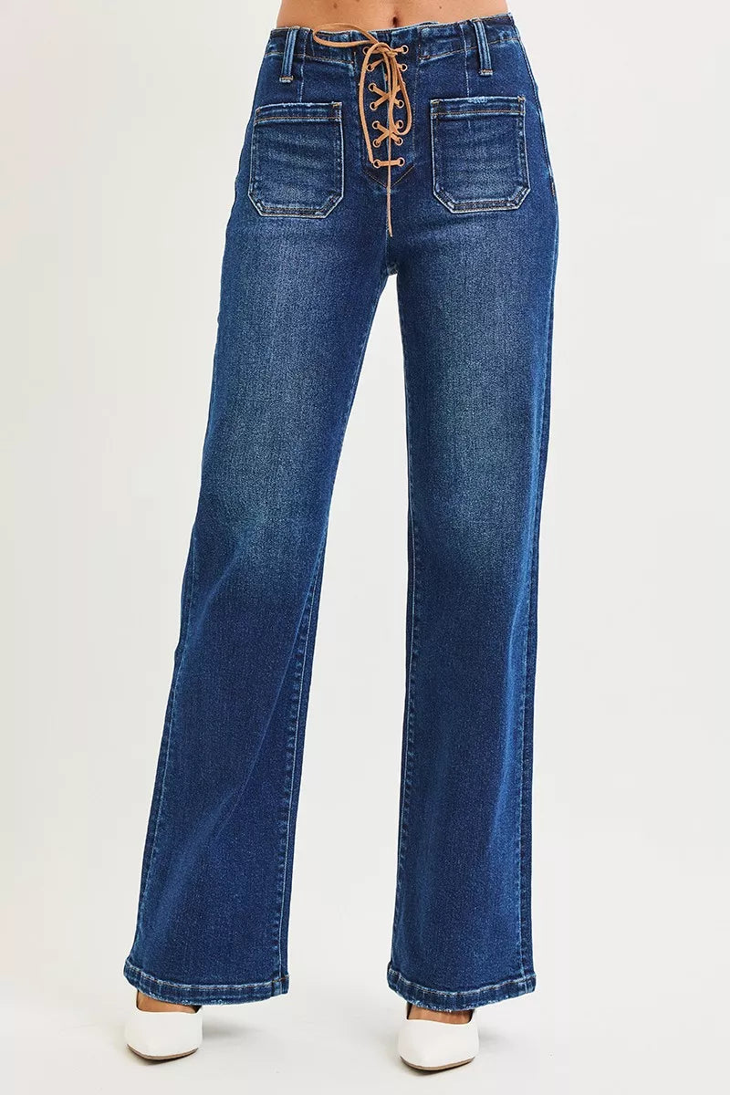 RISEN Full Size High Rise Wide Leg Jeans with Front Tie Detail Plus Size - cas7m