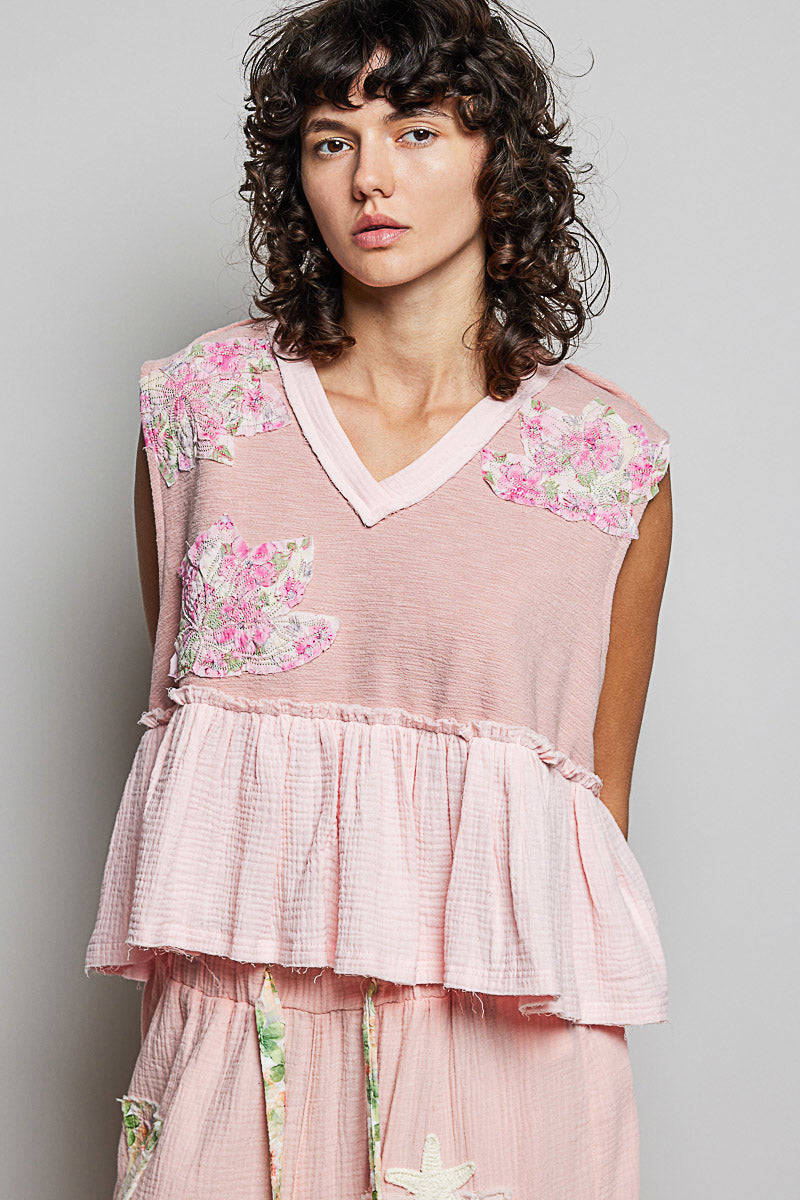 POL Floral Patch Ruffled Sleeveless Top with Raw Edge Detail - cas7m