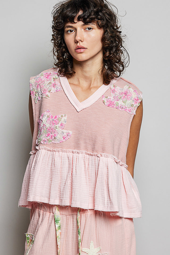 POL Floral Patch Ruffled Sleeveless Top with Raw Edge Detail - cas7m