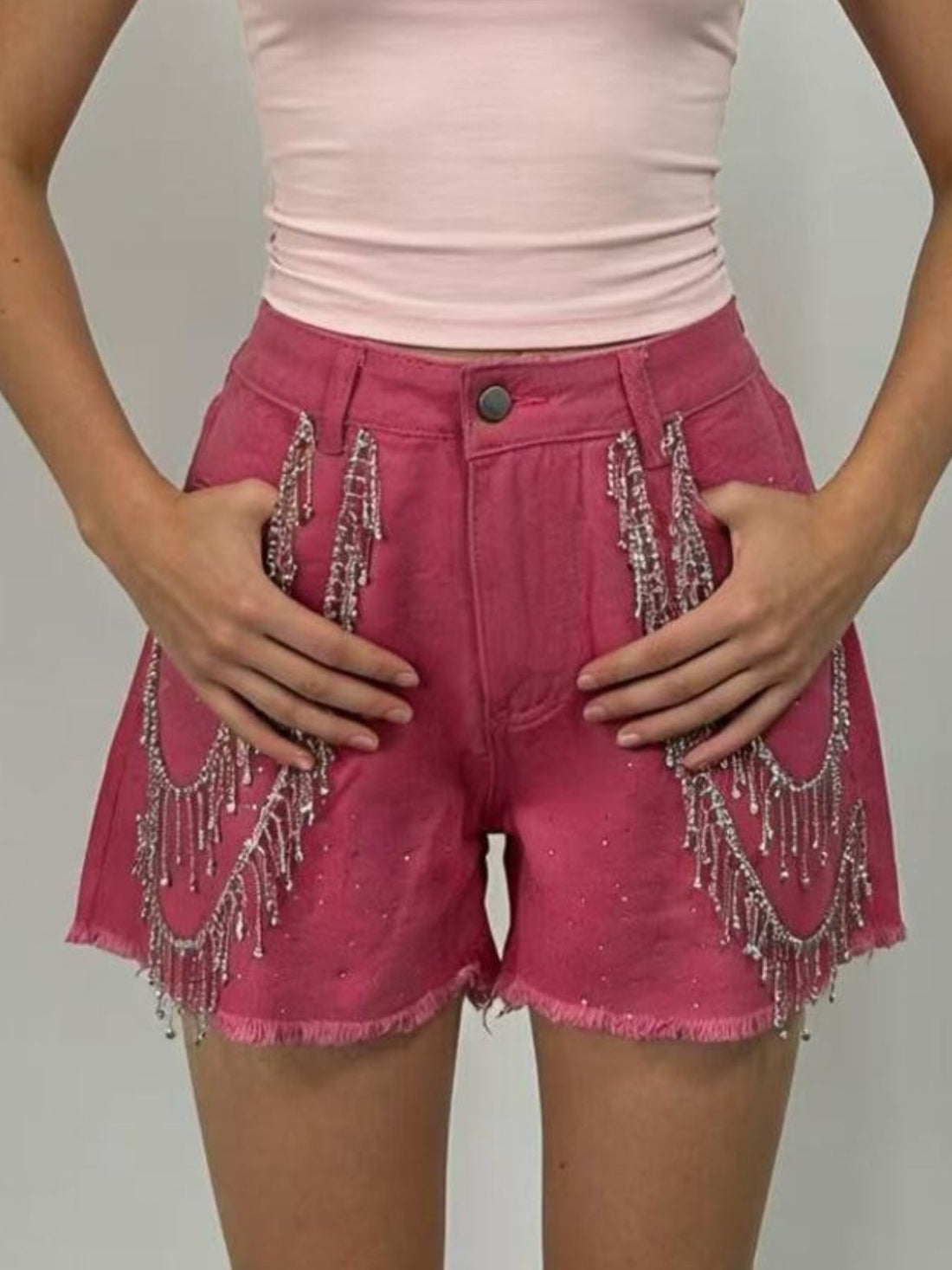 Rhinestone Chain Raw Hem Denim Shorts - cas7m