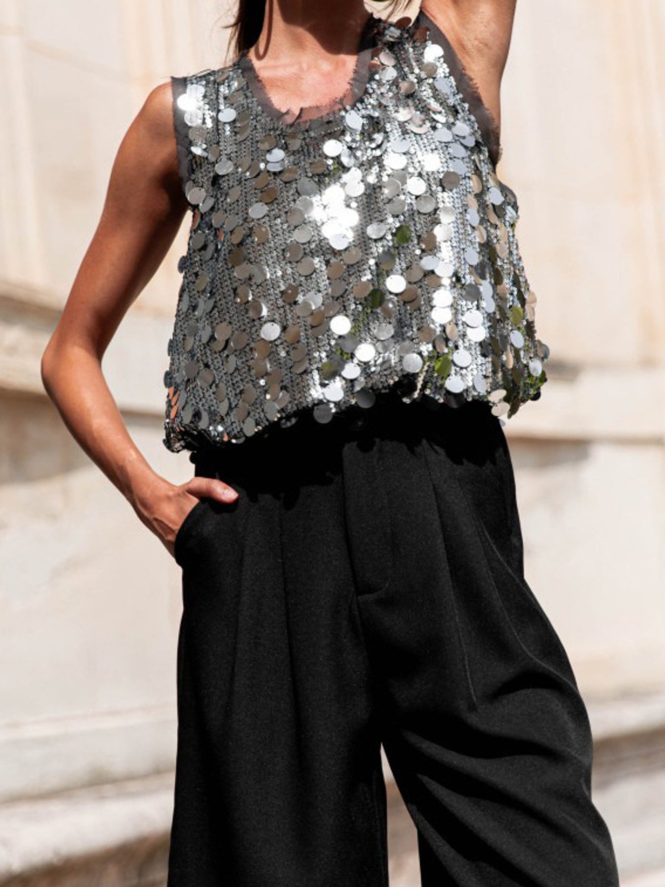 Sequin Round Neck Tank - cas7m