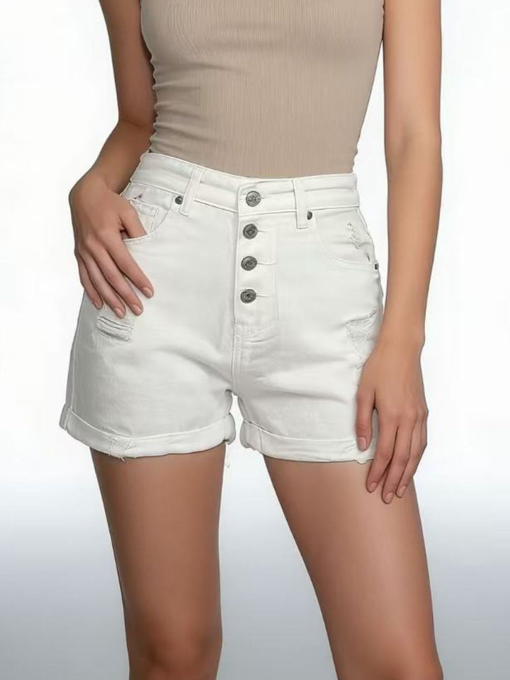 High-Waisted Button-Fly Distressed Denim Shorts - cas7m