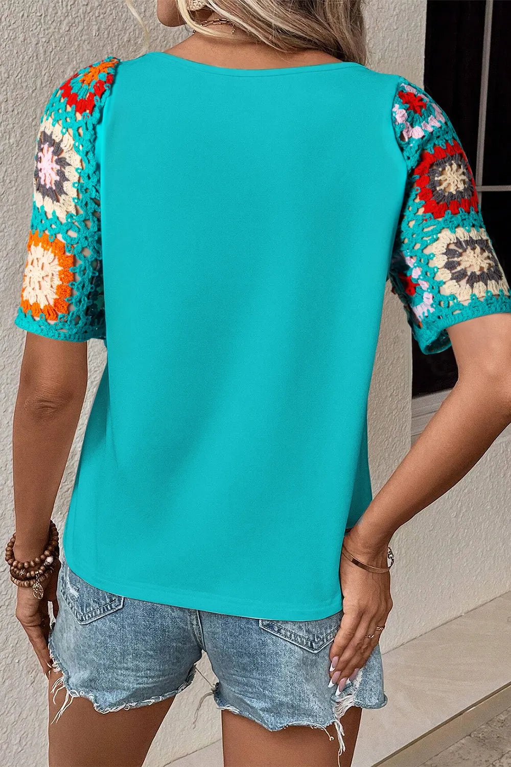 Geometric Round Neck Short Sleeve Blouse - cas7m