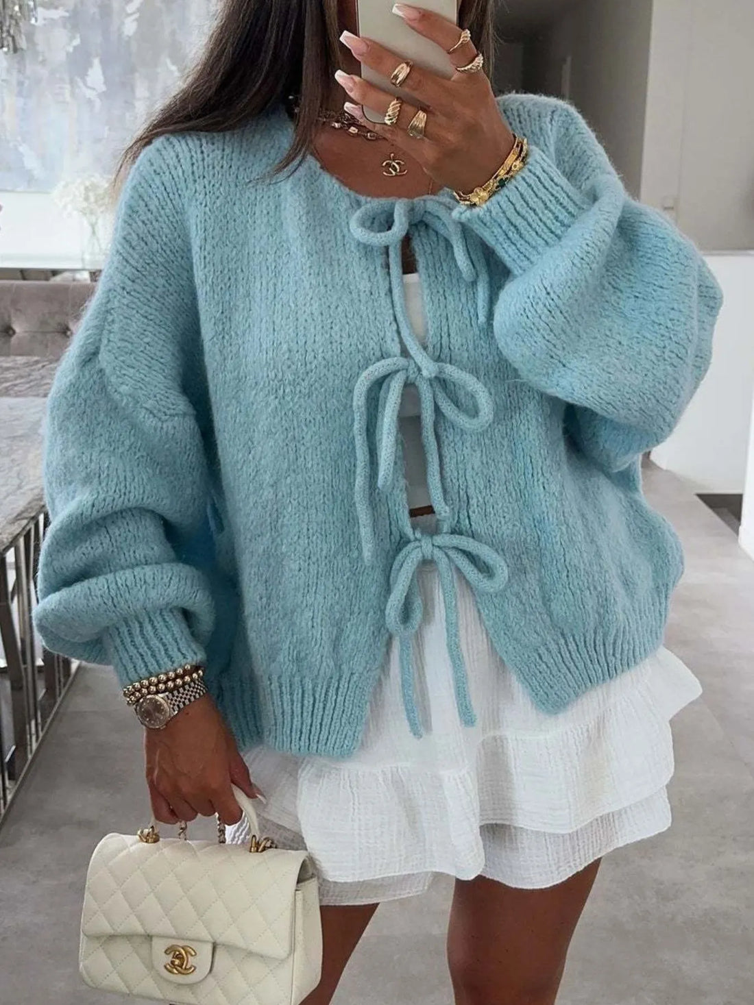 Cozy Bow-Tie Front Knit Cardigan - cas7m