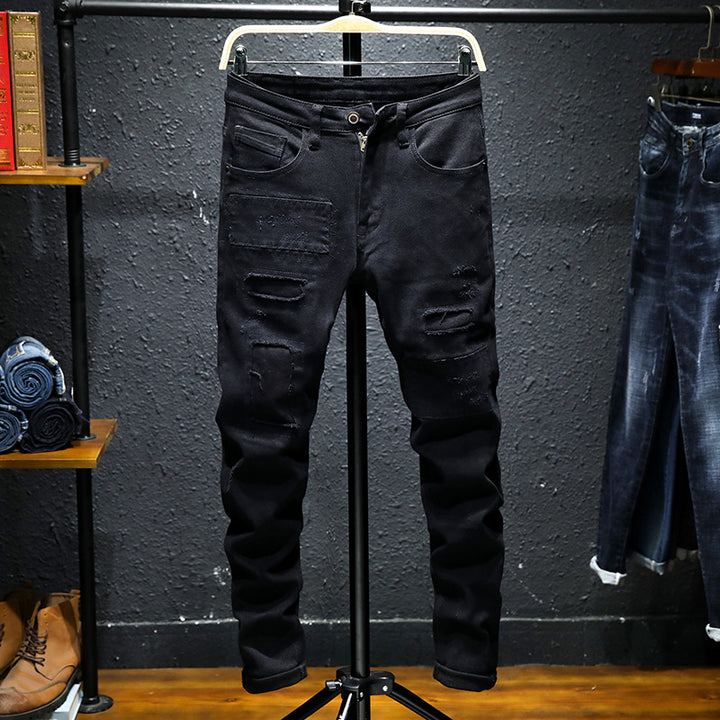 Spring And Summer New Jeans Pure Black Ripped Stretch Jeans Men Black Jeans Men - cas7m