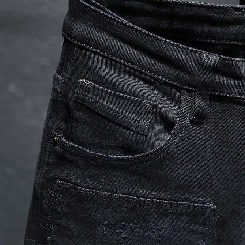 Spring And Summer New Jeans Pure Black Ripped Stretch Jeans Men Black Jeans Men - cas7m