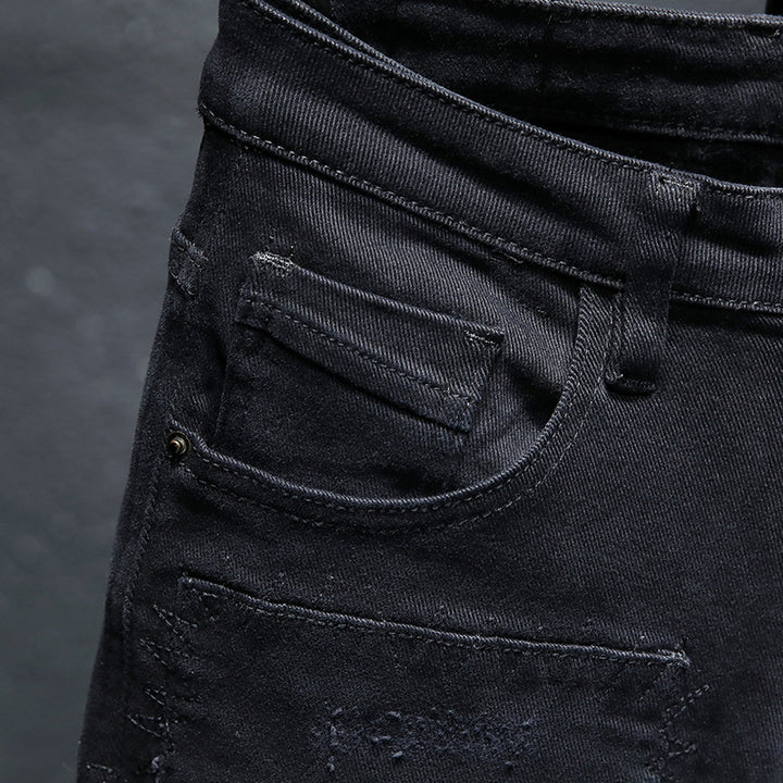 Spring And Summer New Jeans Pure Black Ripped Stretch Jeans Men Black Jeans Men - cas7m